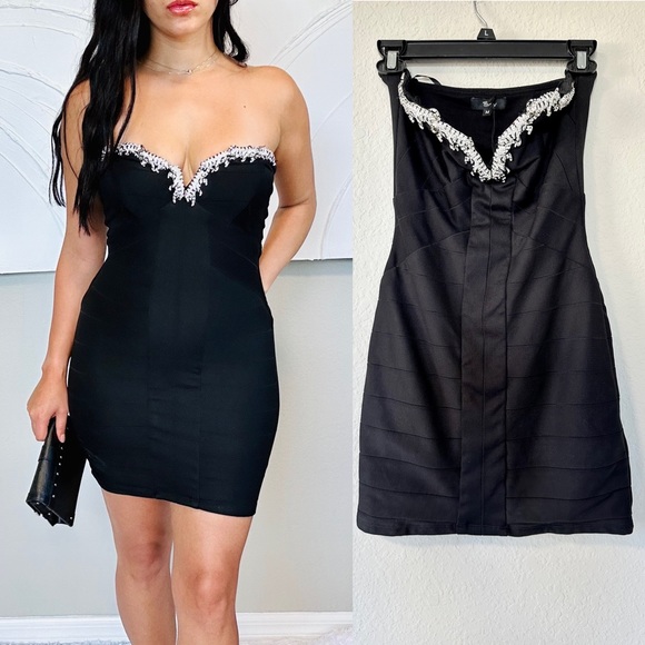 Sky Black Strapless Bandage Tiger Rhinestone Dress - Picture 4 of 14